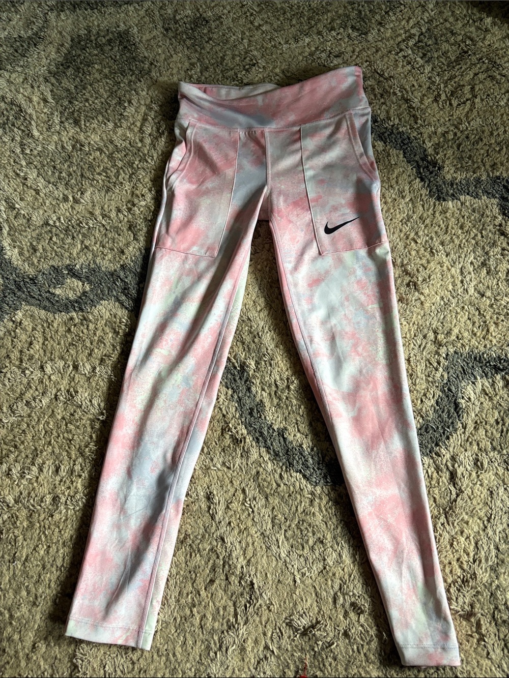 Nike Girls' Pink and White Tie-Dye Pocket Leggings
